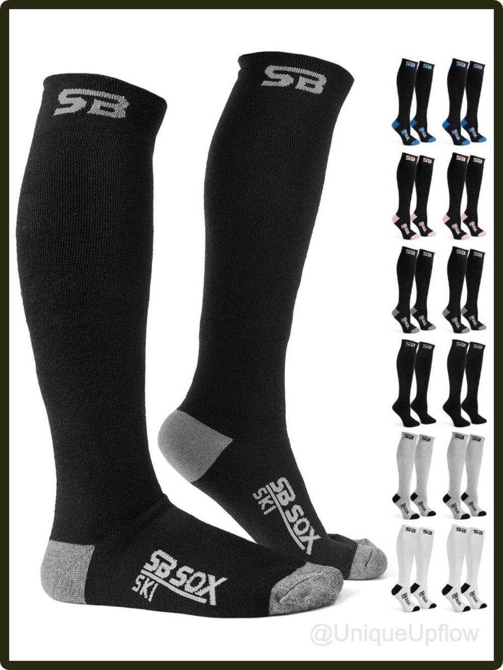 Unisex Merino Wool Ski Socks Knee High 2 Pairs Warm Moisture Wicking Black Gray
